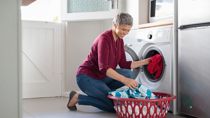 Washer and dryer set in a laundry room, front-load washer, stackable washer and dryer, LG washer and dryer @ pickoutright.com