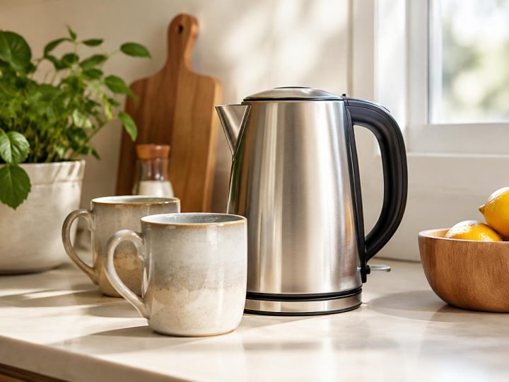 Kettle and mugs on a kitchen counter