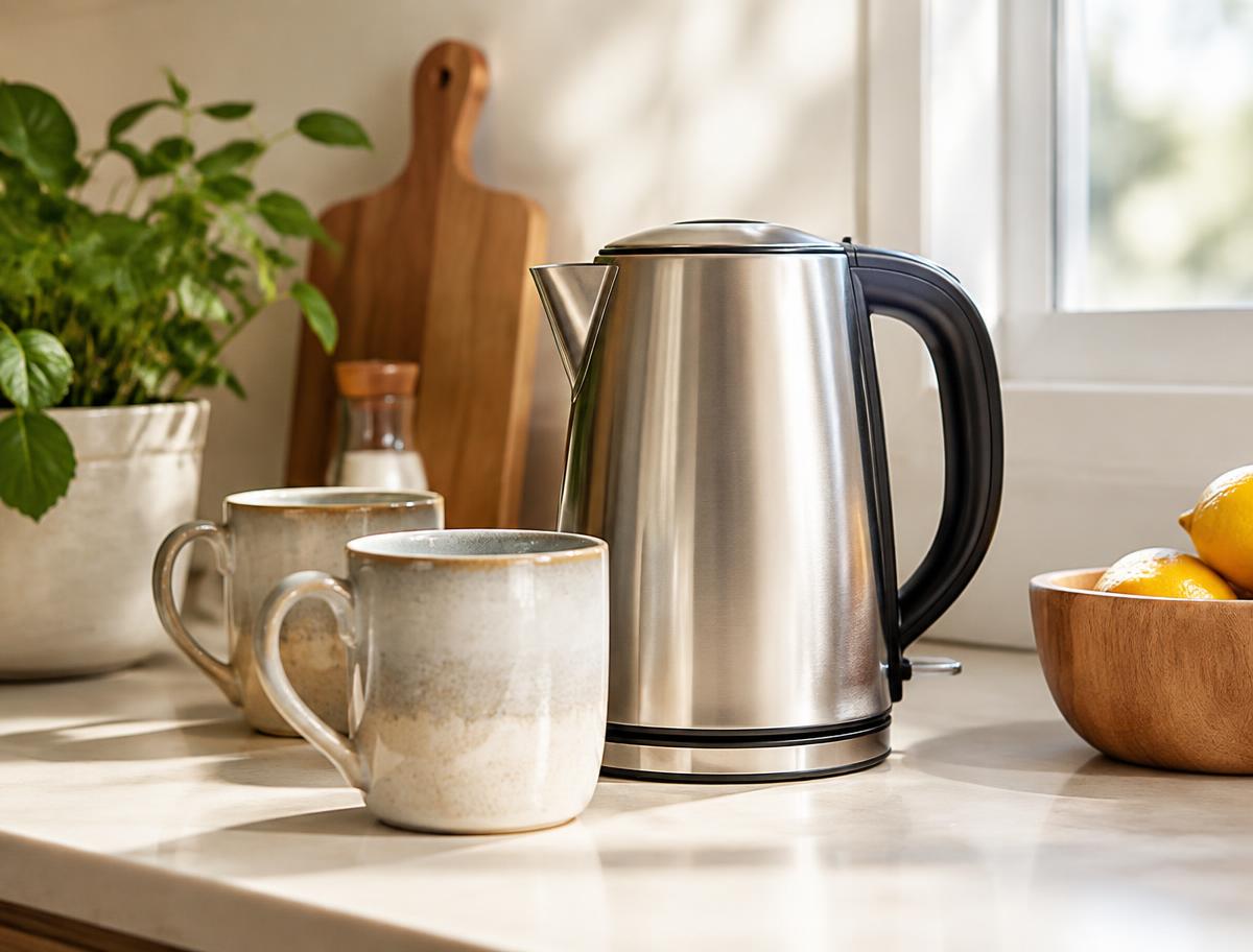 Kettle and mugs on a kitchen counter