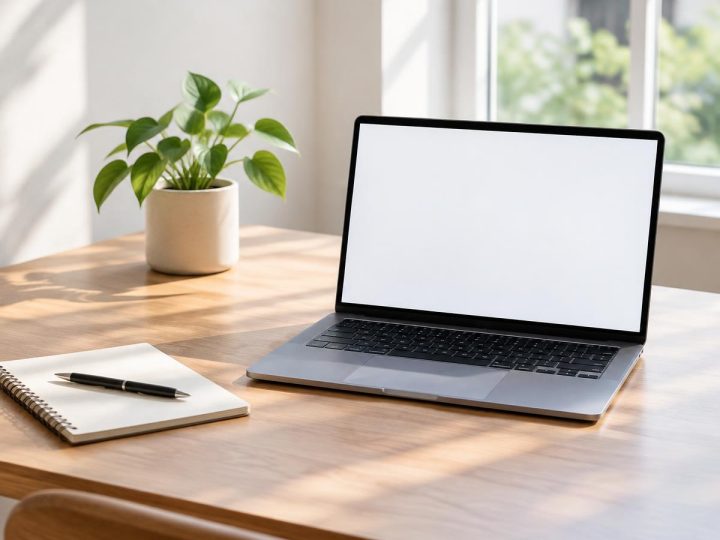 Laptop and notebook on a wooden desk