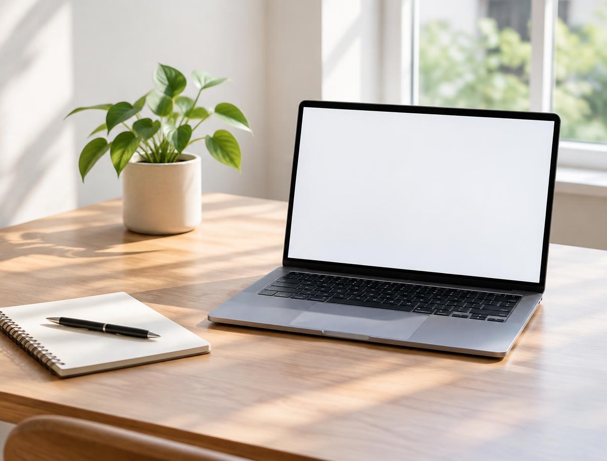 Laptop and notebook on a wooden desk